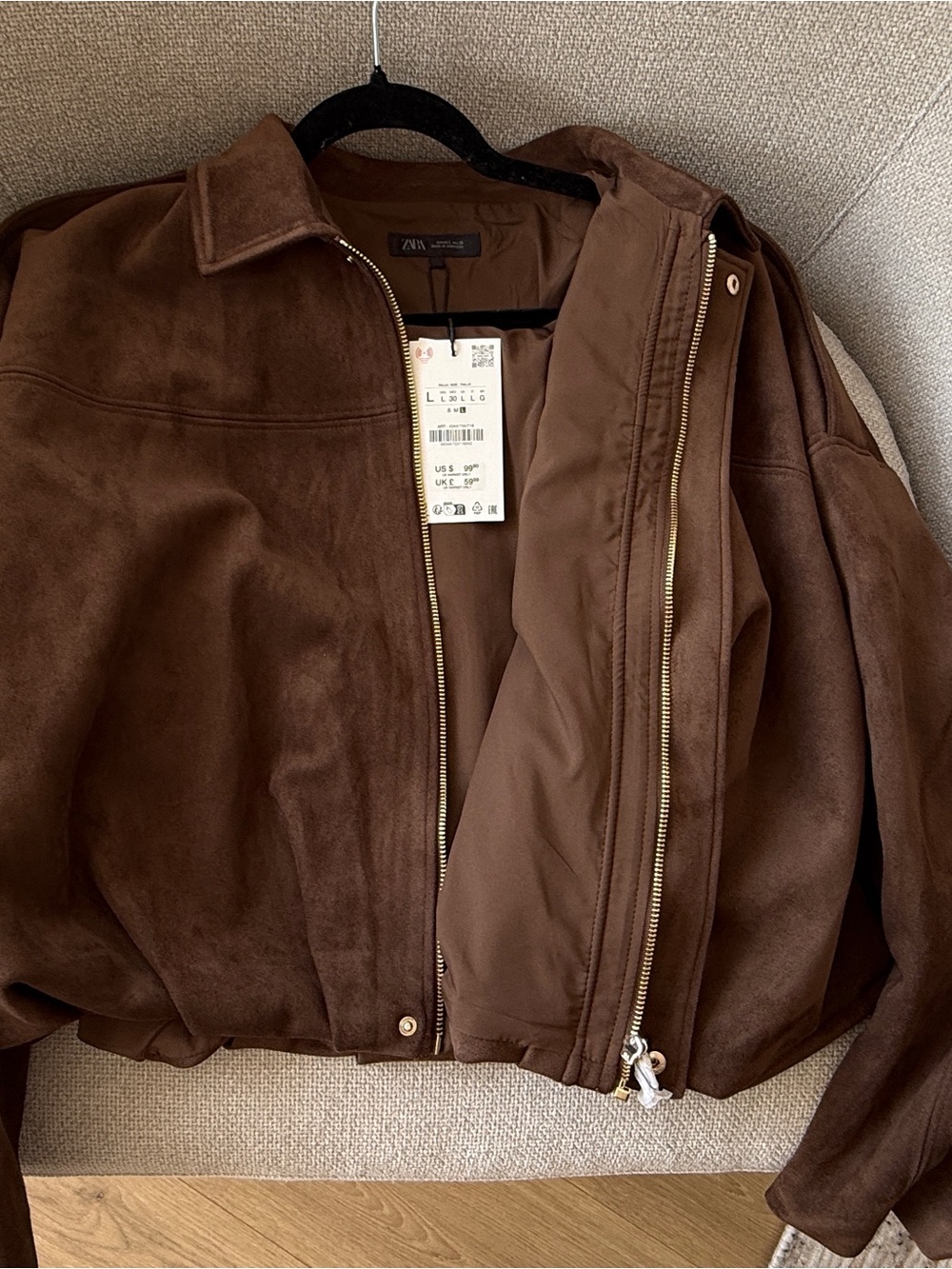 Zara Women’s Brown Suede Bomber Jacket with Gold Zipper
